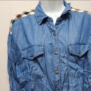 Cato Button Front Top Medium Blue Brown Plaid Long Sleeve Lightweight‎  B303